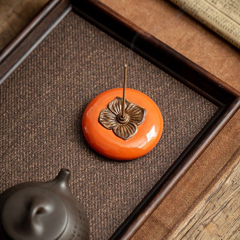 Buddha Stones Persimmon Ceramic Meditation Healing Incense Burner Incense Holders Incense Burner BS 6