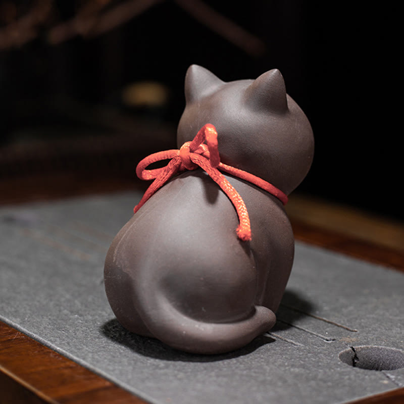 Buddha Stones Mini Lovely Cat Tea Pet Purple Clay Figurine Desk Decoration Decorations BS 6