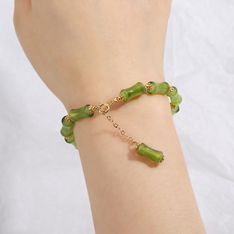 Buddha Stones Green Bamboo Pattern Liuli Crystal Moss Agate Wealth Chain Bracelet Bracelet BS 5
