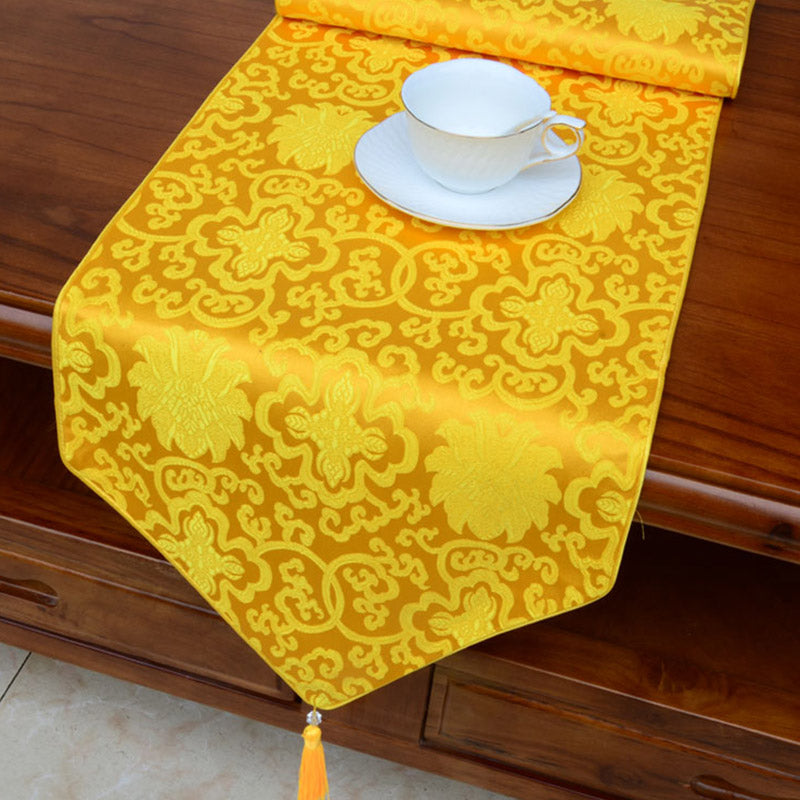 Buddha Stones Prayer Altar Flower Vajra Dragon Pattern Tibetan Auspicious Symbols Tassels Jacquard Table Runner Prayer Altar BS Yellow Flower 200*33cm