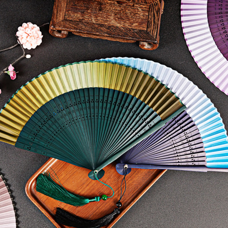 Buddha Stones Gradient Handheld Silk Bamboo Folding Fan