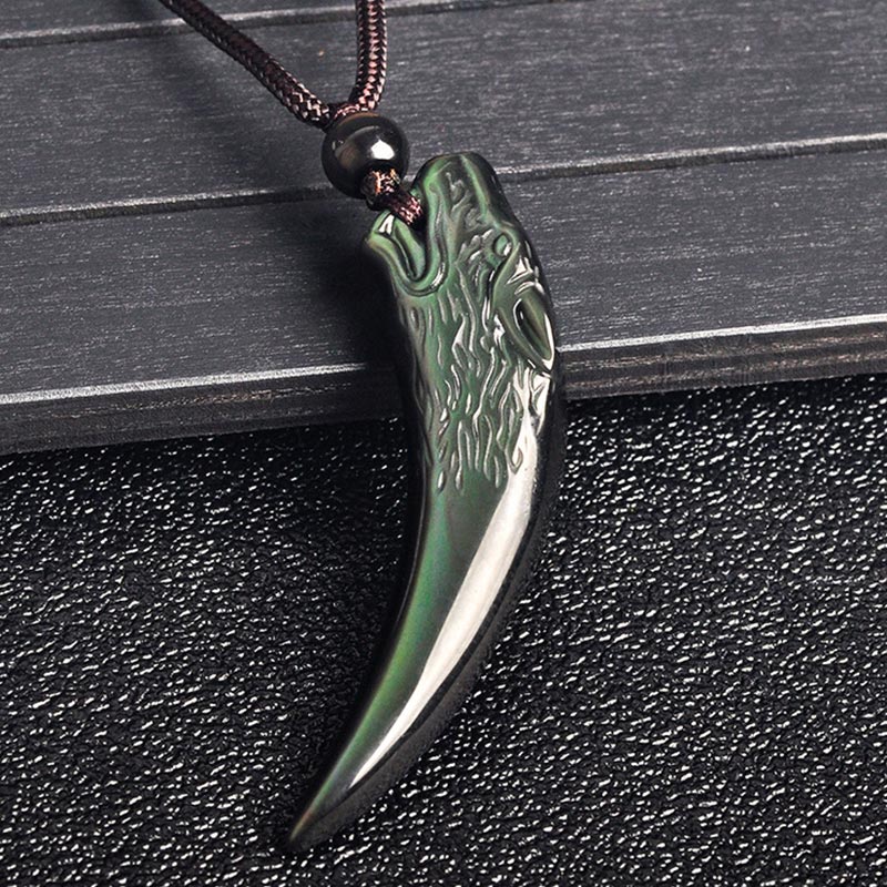 Buddha Stones Natural Black Obsidian Ice Obsidian Rainbow Obsidian Wolf Tooth Pattern Strength Necklace Pendant Necklaces & Pendants BS 13