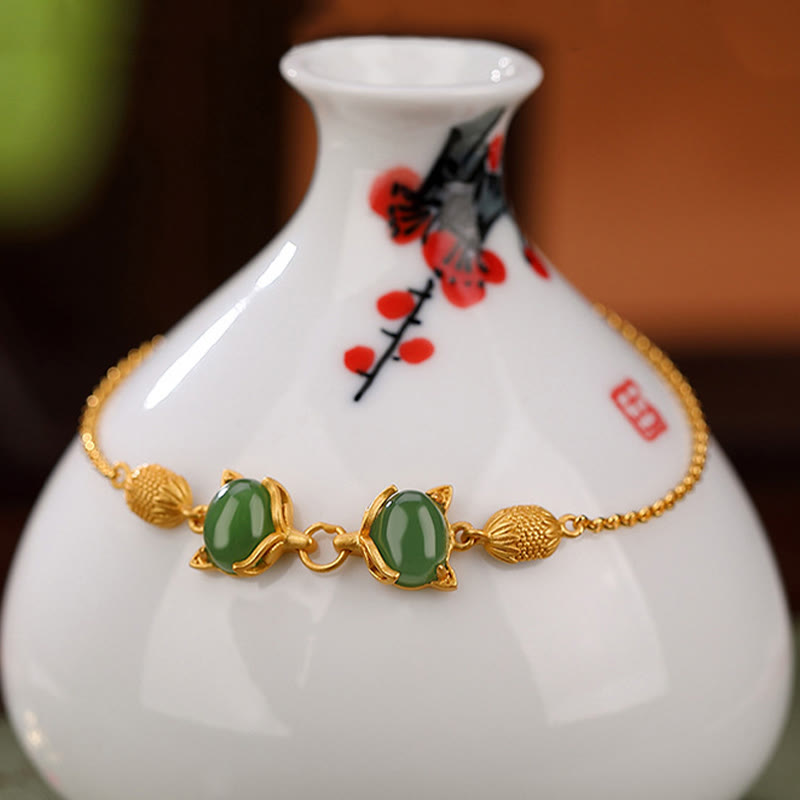 Buddha Stones 925 Sterling Silver Natural Hetian White Jade Cyan Jade Lovely Fox Luck Bracelet Bracelet BS 2