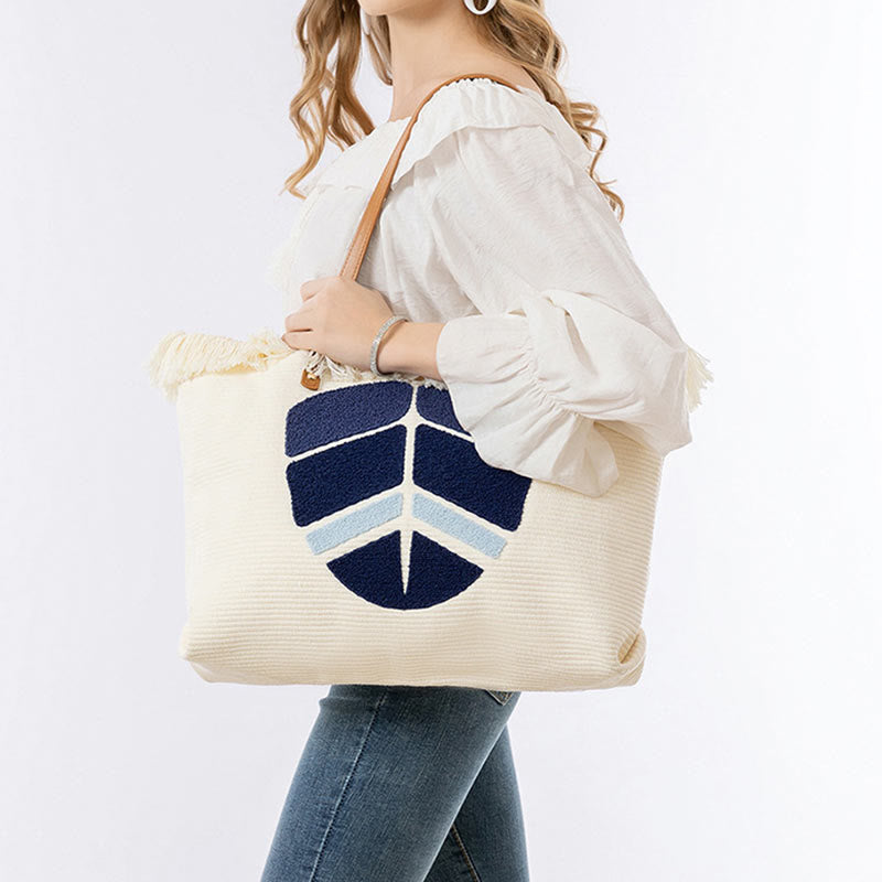 Buddha Stones Large Capacity Evil Eye Leaf Hamsa Tassel Canvas Tote Shoulder Bag Shoulder Bag BS 12