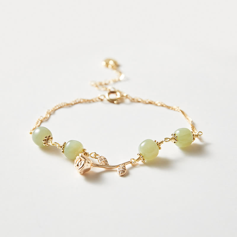 Buddha Stones 14K Gold Plated Hetian Jade Golden Rose Flower Luck Chain Bracelet Bracelet BS 1