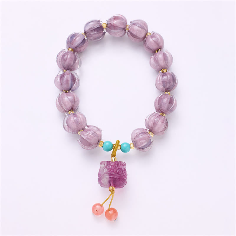 Buddha Stones Liuli Glass Bead Lotus Design Fluorite Ivory Fruit Dancing Lion Charm Enlightenment Bracelet Bracelet BS 4