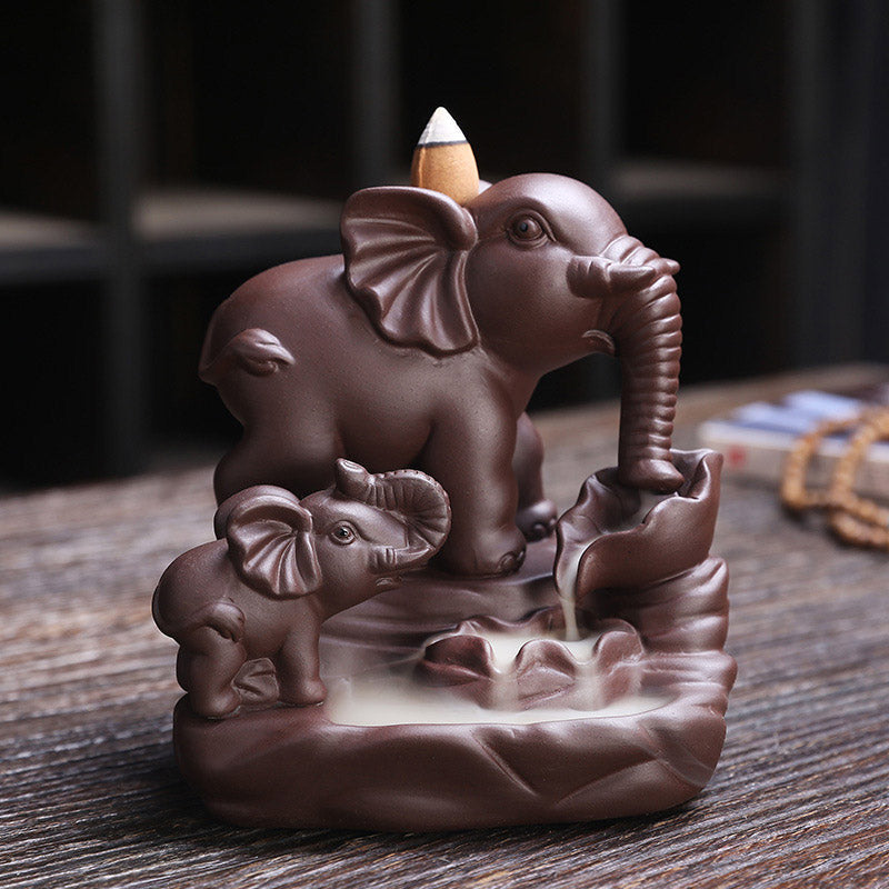 Buddha Stones Tibetan Elephant Purple Clay Backflow Smoke Fountain Protection Incense Burner Decoration Incense Burner BS Purple Clay