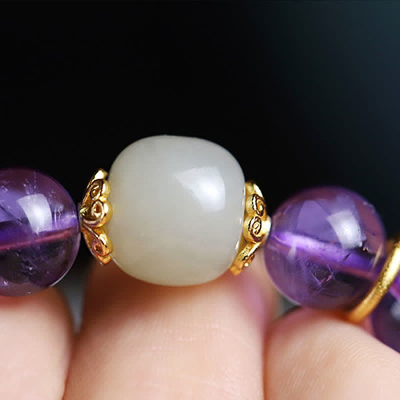 Buddha Stones Natural Amethyst Crystal Hetian Jade Healing Charm Bracelet Bracelet BS 9