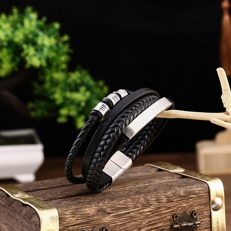 Buddha Stones Leather Multi-Layer Titanium Steel Balance Braided Magnetic Buckle Bracelet Bracelet BS 8