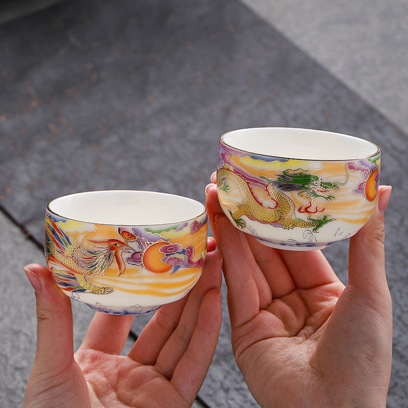 Buddha Stones Dragon Phoenix Auspicious Clouds Sun Ocean Waves Ceramic Teacup Kung Fu Tea Cup Cup BS 14
