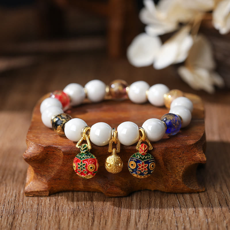 Buddha Stones Gold Swallowing Beast Family Charm Liuli Glass Colorful Porcelain Bead Luck Bracelet Bracelet BS Gold Swallowing Beast Family&Colorful Gold Silver Foil Bead