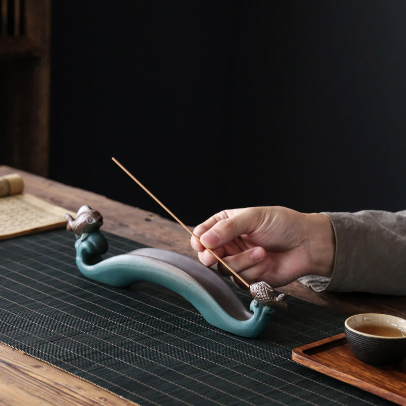Buddha Stones Double Koi Fish Mountain Healing Ceramic Stick Incense Burner Decoration Incense Burner BS 2