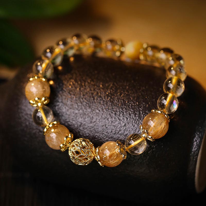 Buddha Stones Natural Citrine Amethyst Rutilated Quartz Prosperity Protection Bracelet Bracelet BS Citrine(Wrist Circumference 14-16cm)