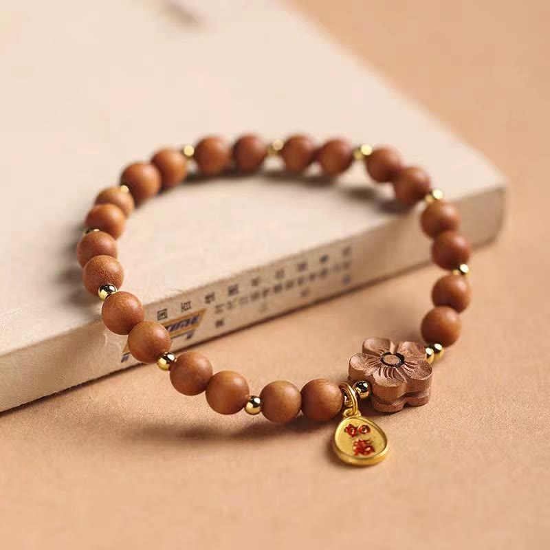 Foviel Natural Sandalwood Peach Blossom Small Leaf Red Sandalwood Ruyi Charm Protection Bracelet