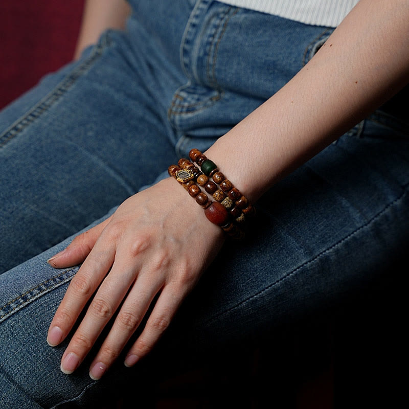 Buddha Stones Tibetan Bodhi Seed Amber Dzi Bead Agate Zakiram Goddess of Wealth Beads Triple Wrap Bracelet Bracelet BS 18