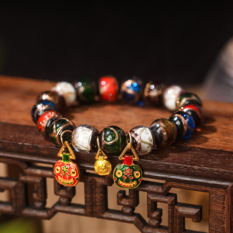 Buddha Stones Five Elements Gold Swallowing Beast Family Charm Liuli Glass Bead Luck Bracelet Bracelet BS Liuli Glass Bead&Flat Red Green Gold Swallowing Beast Family 14mm(15 Beads)