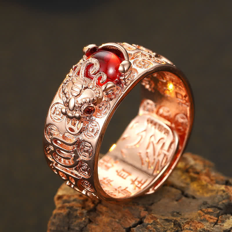 Buddha Stones FengShui PiXiu Red Garnet Heart Sutra Wealth Ring Ring BS 2