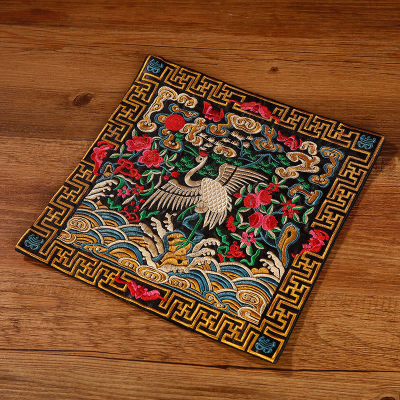 Buddha Stones Crane Phoenix Dragon Kirin Embroidered Cup Mat Pad Tea Cup Coaster Square Kung Fu Tea Mat Tea Mat BS Black Colorful Crane