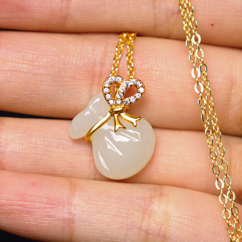 Buddha Stones Natural Hetian White Jade Luck Money Bag Necklace Pendant Necklaces & Pendants BS 2