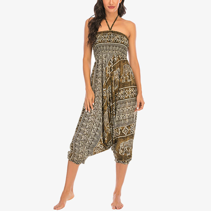 Buddha Stones Two Style Wear Elephant Pattern Loose Smocked Harem Trousers Jumpsuit Women's Yoga Pants Harem Pants&Bodysuit BS 17