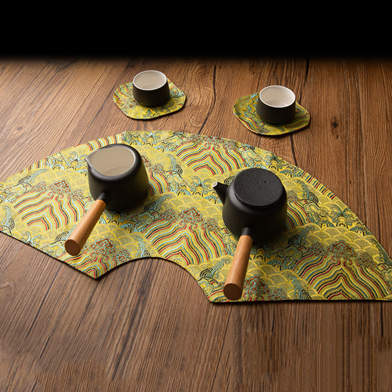 Buddha Stones Vintage Sea Wave Bamboo Plum Blossom Embroidered Cup Mat Pad Tea Cup Coaster Kung Fu Tea Mat Tea Mat BS main