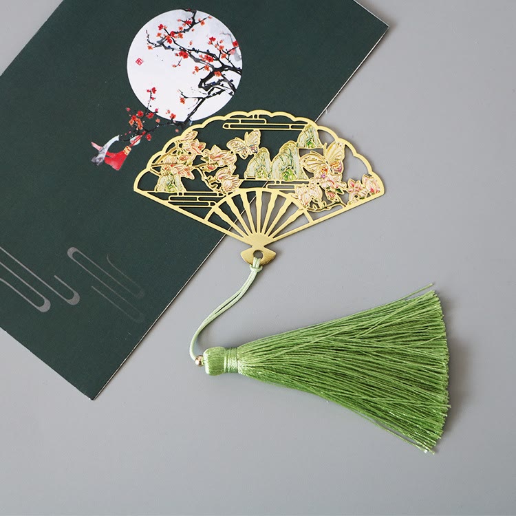 Buddha Stones Traditional Butterfly Lotus Flower Crane Dragon Phoenix Fox Koi Fish New Beginning Metal Brass Hollow Fan Bookmarks Bookmarks BS Butterfly Flower