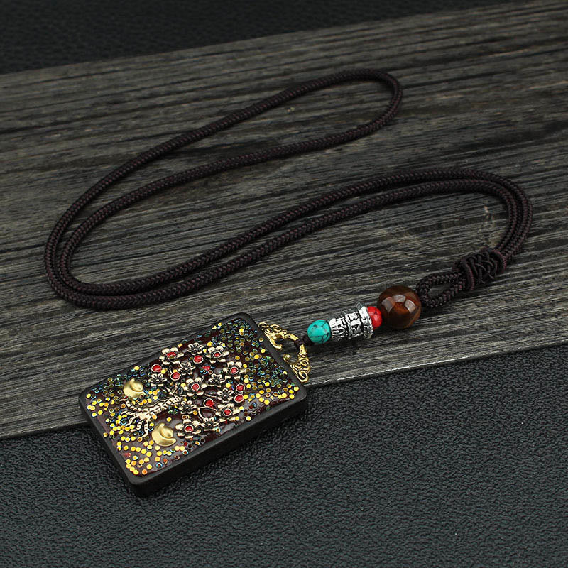 Buddha Stones Tibet God Of Wealth Money Tree Golden Phoenix Thangka Ebony Peace Necklace Pendant Necklaces & Pendants BS Money Tree