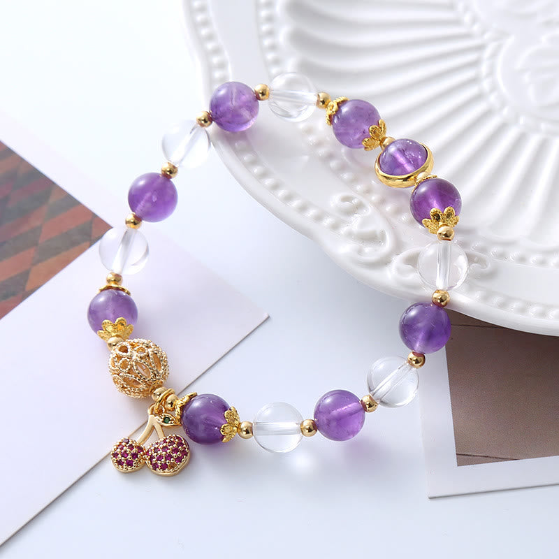 Buddha Stones Natural Amethyst White Crystal Positive Cherry Charm Bracelet Bracelet BS Amethyst(Spiritual Awareness♥Inner Peace)