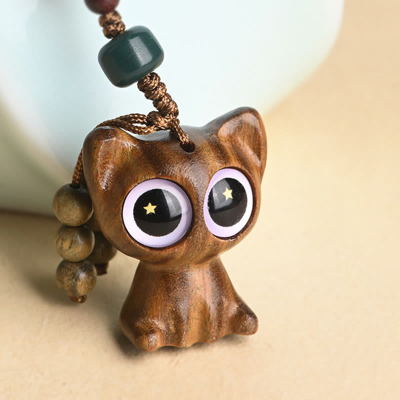 Buddha Stones Green Sandalwood Lucky Cat Koi Fish Cure Key Chain Phone Hanging Decoration Key Chain BS 19