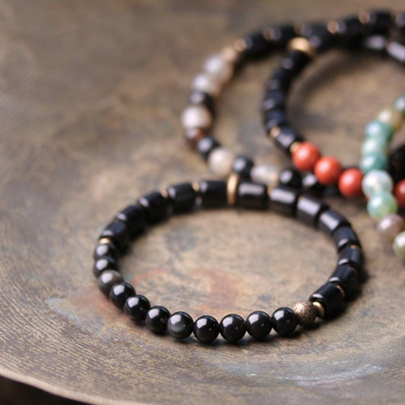 Buddha Stones Ebony Wood Red Jasper Moss Agate Crystal Copper Peace Couple Bracelet Bracelet BS 10