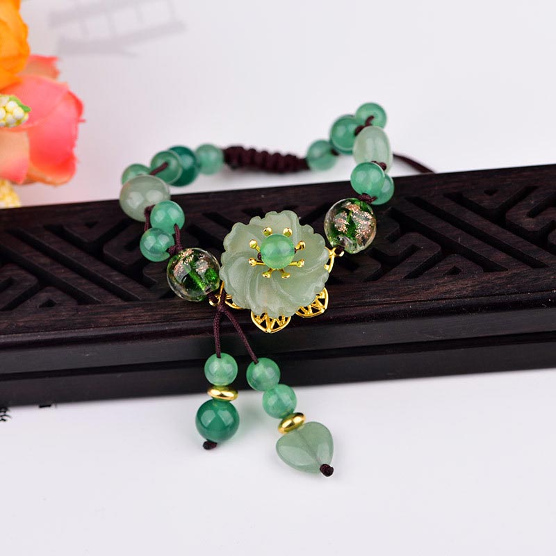 Buddha Stones Natural Green Jade Luck Dangling Flower Bracelet Bracelet BS Flower Spin