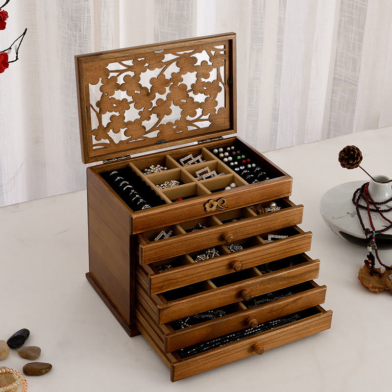 Buddha Stones Vintage Plum Blossom Carved Wooden Jewelry Box Six-Layer Jewelry Storage Box Jewelry Box BS Wenge Wood Color 30.6*20.6*24.7cm