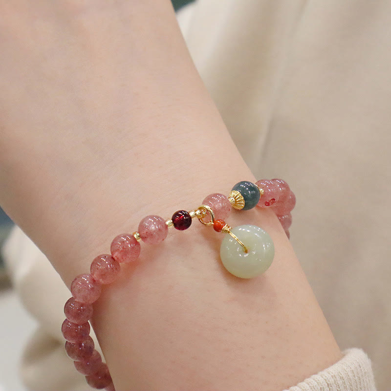 Buddha Stones Natural Strawberry Quartz Jade Peace Buckle Coin Purse Healing Bracelet Bracelet BS 9