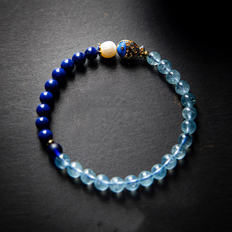Buddha Stones Natural Aquamarine Lazurite Fish Healing Bracelet - image 5