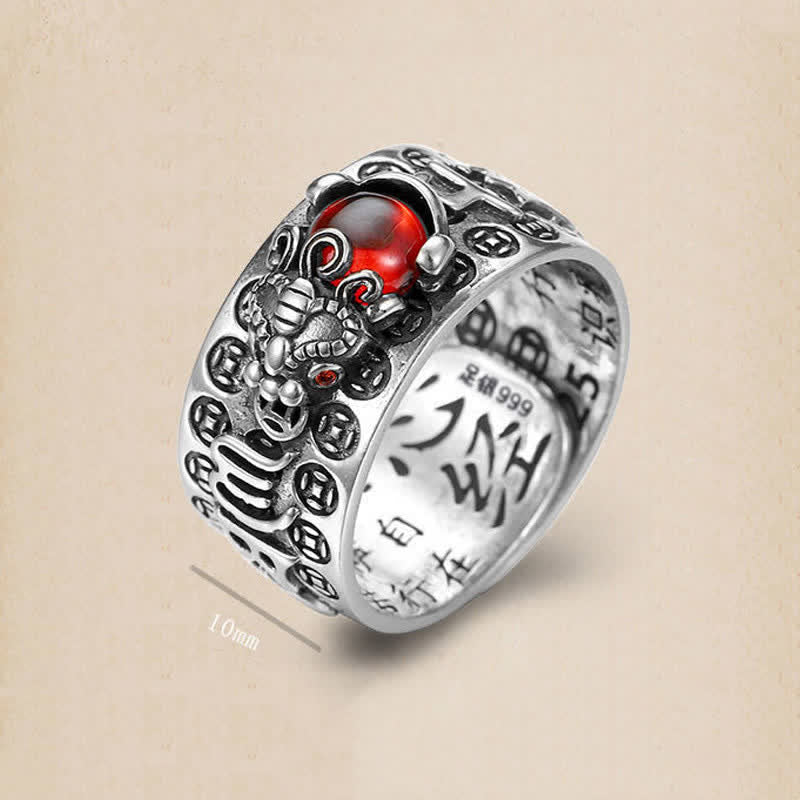 Buddha Stones FengShui PiXiu Red Garnet Heart Sutra Wealth Ring Ring BS 4