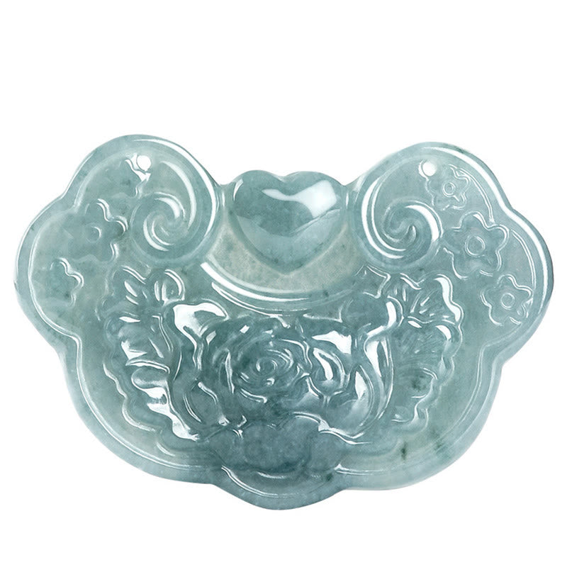 Buddha Stones Natural Jade Peony Flower Lock of Good Wishes Prosperity Necklace Pendant Necklaces & Pendants BS 11