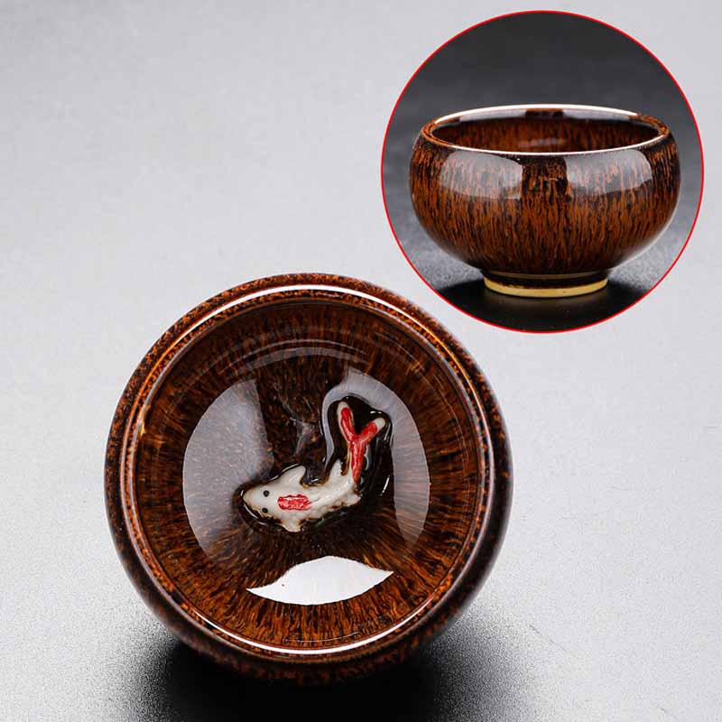 Buddha Stones Small Koi Fish Kiln Change Chinese Jianzhan Ceramic Teacup Kung Fu Tea Cup 60ml Jian Zhan Tea Cup BS Golden Brown 6.6cm*4.2cm*60ml
