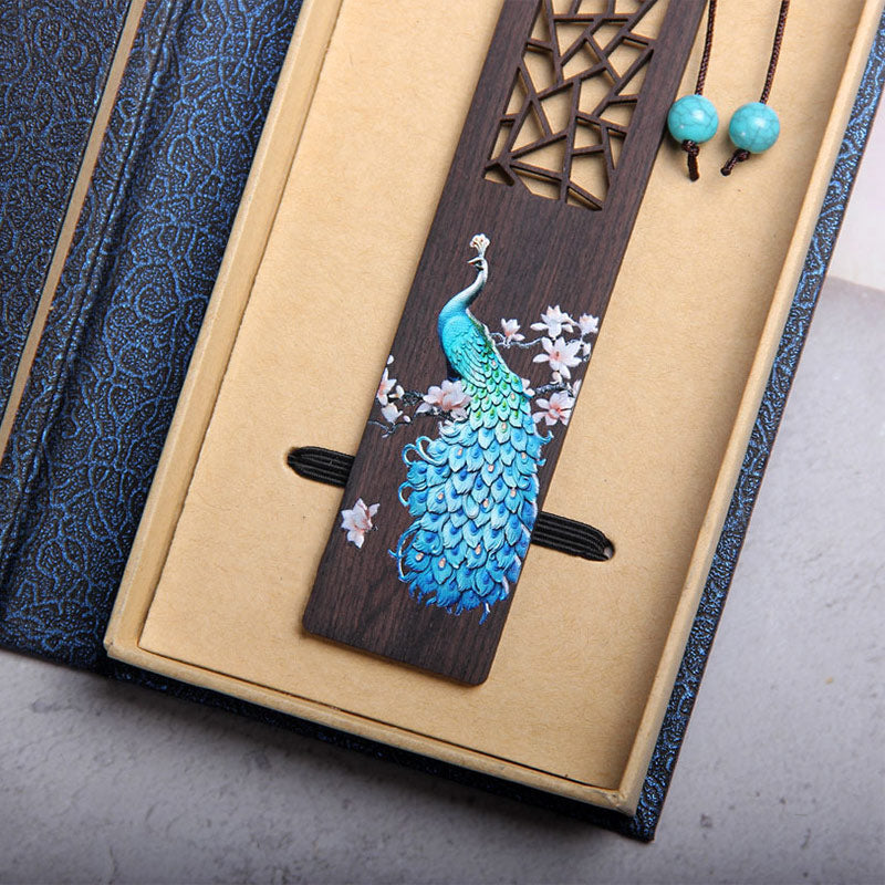 Buddha Stones Blue Peacock Ebony Wood Bookmarks With Gift Box Bookmarks BS 6