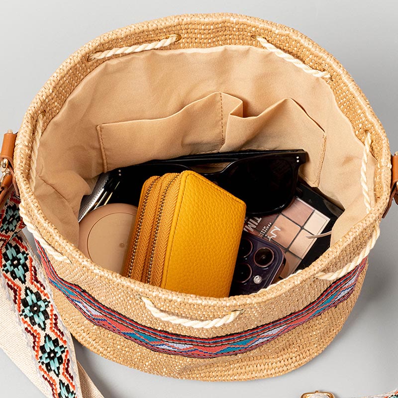 Buddha Stones Beach Geometry Straw Woven Bucket Tassels Crossbody Bag Shoulder Bag Crossbody Bag BS 4