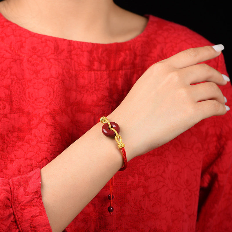 Buddha Stones Handmade Cinnabar Peace Buckle Blessing Braided Rope Bracelet Bracelet BS 6