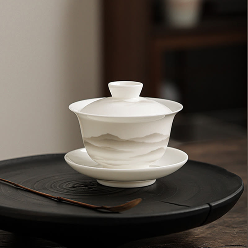 Buddha Stones Vintage Ink Painting Mountain White Porcelain Ceramic Gaiwan Sancai Teacup Kung Fu Tea Cup And Saucer With Lid Tea Utensil Teapot Cup BS 8