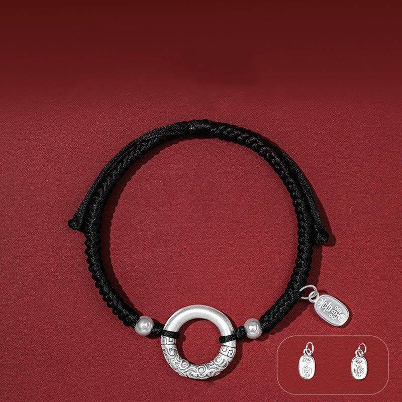 Buddha Stones 925 Sterling Silver Black Onyx Peace Buckle Fu Character Charm Bracelet Bracelet BS Peace Buckle&Silver Beads Peace And Joy Charm(Wrist Circumference 14-26cm)