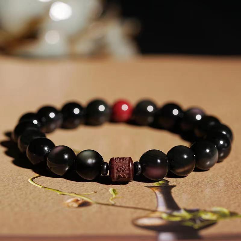 Buddha Stones Natural Gold Sheen Obsidian Rainbow Obsidian Om Mani Padme Hum Fu Character Healing Bracelet Bracelet BS 8mm Rainbow Obsidian Cinnabar Om Mani Padme Hum(Wrist Circumference 14-16cm)