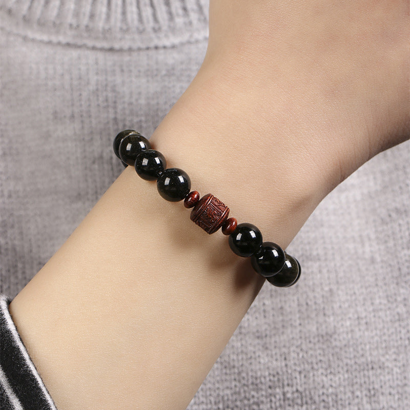 Buddha Stones Natural Gold Sheen Obsidian Rainbow Obsidian Om Mani Padme Hum Fu Character Healing Bracelet Bracelet BS 9