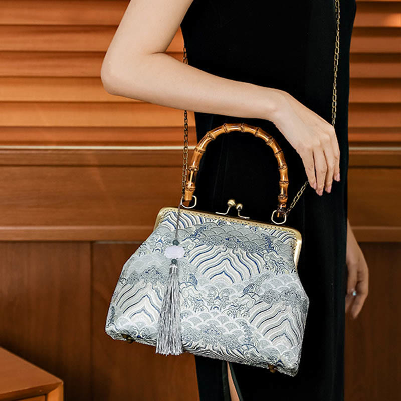 Buddha Stones Silver Lines Bamboo Handle Metal Chain Crossbody Bag Handbags Crossbody Bag&Handbags BS 2