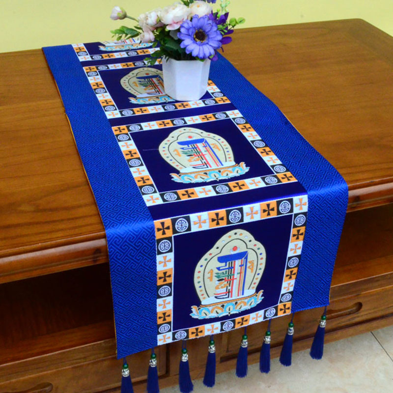 Buddha Stones Prayer Altar Mat Man-Bcu Kalachakra Endless Knot Vajra Tibetan Auspicious Symbols Tassels Table Runner Prayer Altar BS Man-Bcu Kalachakra Blue 190*33cm