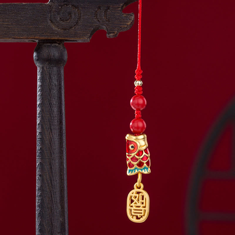 Buddha Stones Koi Fish Cinnabar Attracting Wealth Wish Ruyi Charm Luck Phone Hanging Decoration Phone Hanging Decoration BS 24
