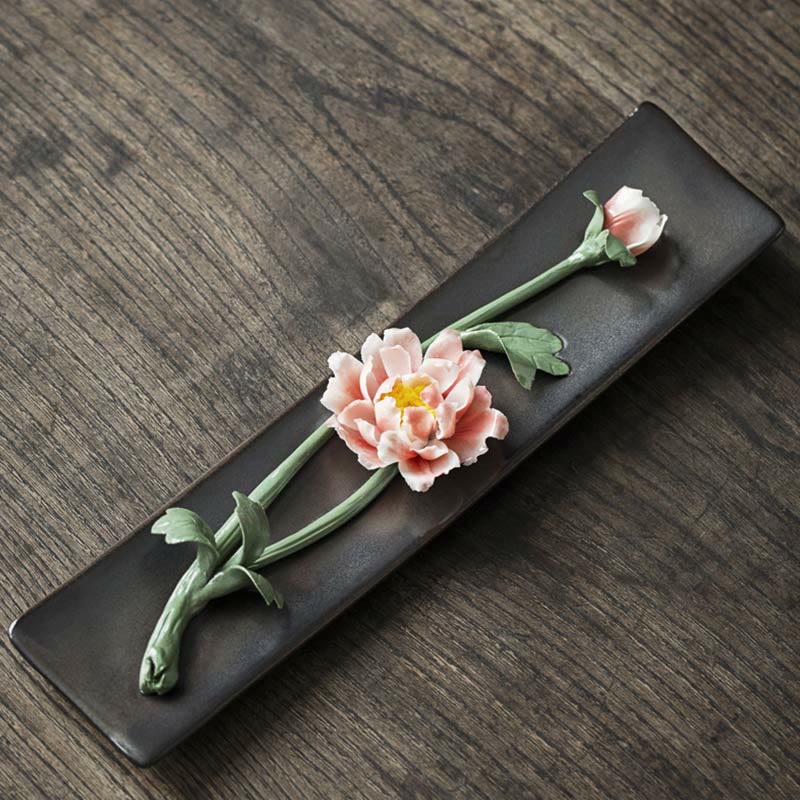 Buddha Stones Lotus Peony Rose Flower Ceramic Spiritual Incense Burner Incense Burner BS Pink Peony
