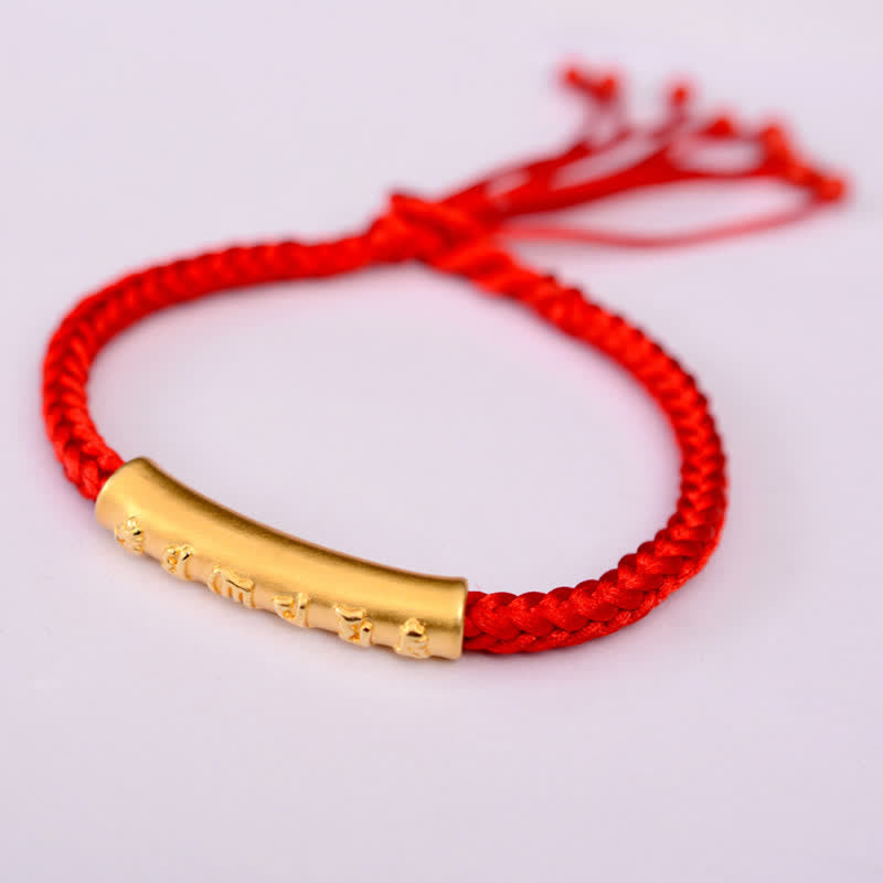 Buddha Stones 999 Sterling Silver Om Mani Padme Hum Protection Strength String Bracelet Bracelet BS 999 Sterling Silver Plated Gold Red(Bracelet Size 16+4.5cm)