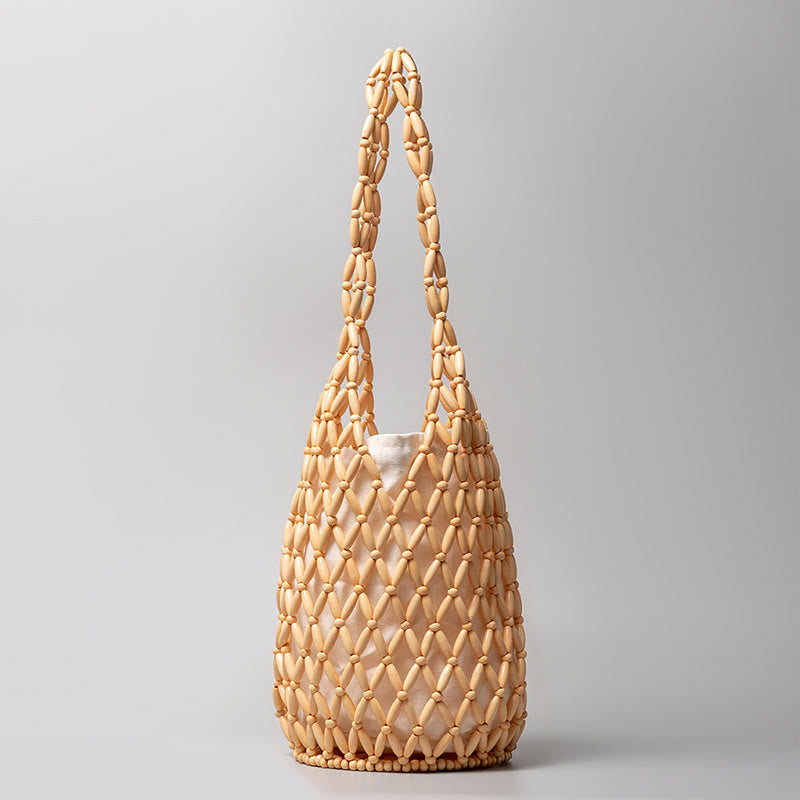 Buddha Stones Hand-woven Wooden Beads Bucket Shoulder Bag Handbag Handbags BS Beige 16.5*16.5*36cm